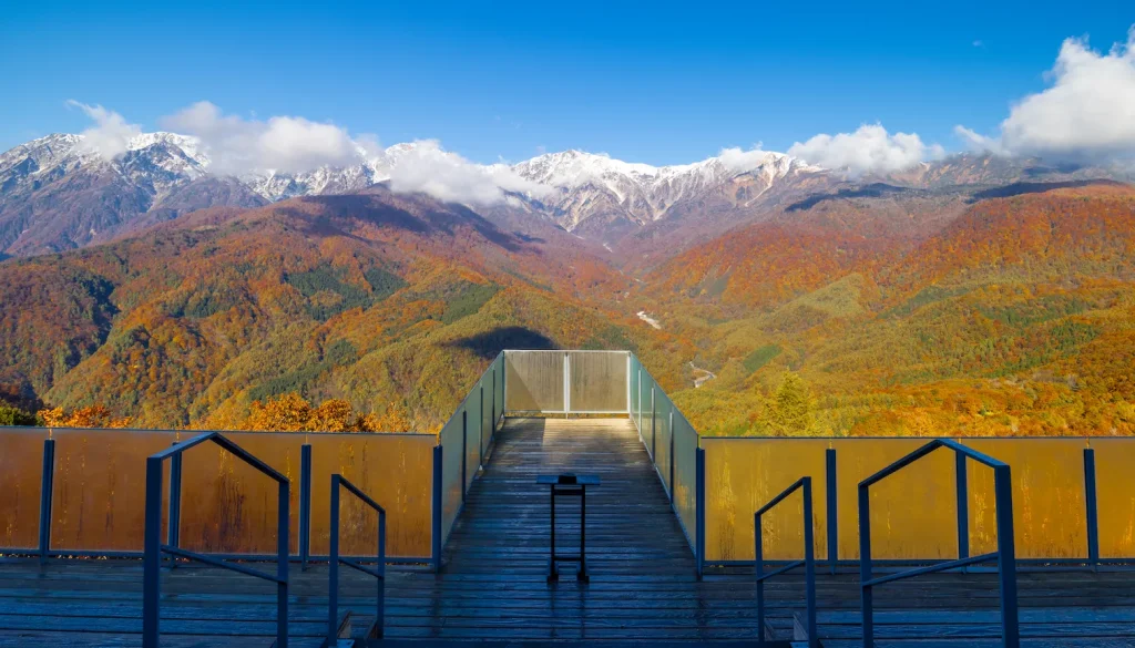 Three tiers of autumn leaves at Hakuba Mountain Harbor